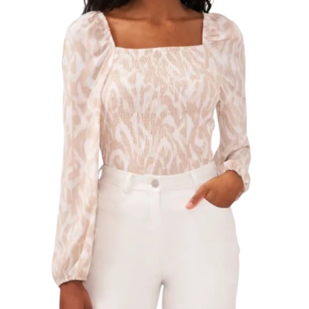 HALOGEN Smocked Long Puff Sleeve Blouse in Pink/White - Size XS NWOT